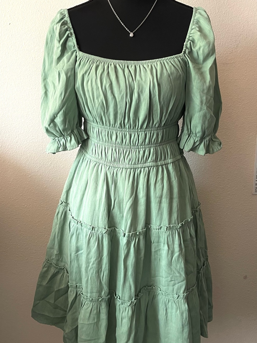 Francesca's Collections Mint Green Smocked Tiered Midi Dress